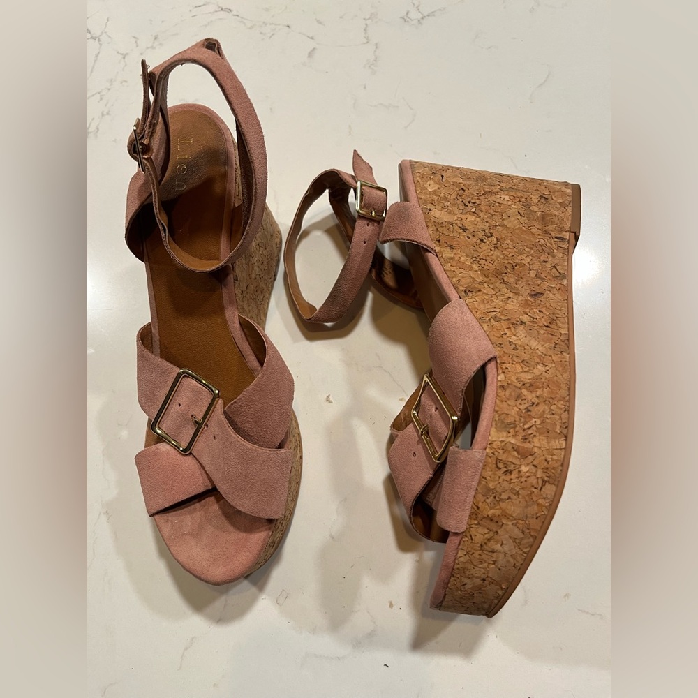 Anthropologie Lien Do Suede Cork Platform Wedge Sandal in Pink Size 9.5 Women's